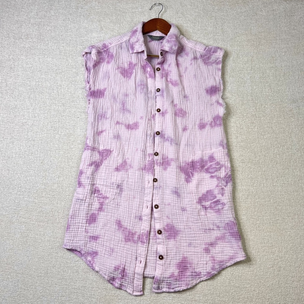 100% Organic Cotton Gauze Sleeveless Pink Tie Dye Boho Lagenlook Coastal Top S